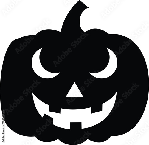 Black silhouette of a Halloween pumpkin with sad grumpy expression and jagged frown carved face on white background