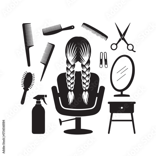 Vector art of collection of hairdressing tools and a person with braided hair sitting in a salon chair, including combs, scissors, a mirror, and a spray bottle