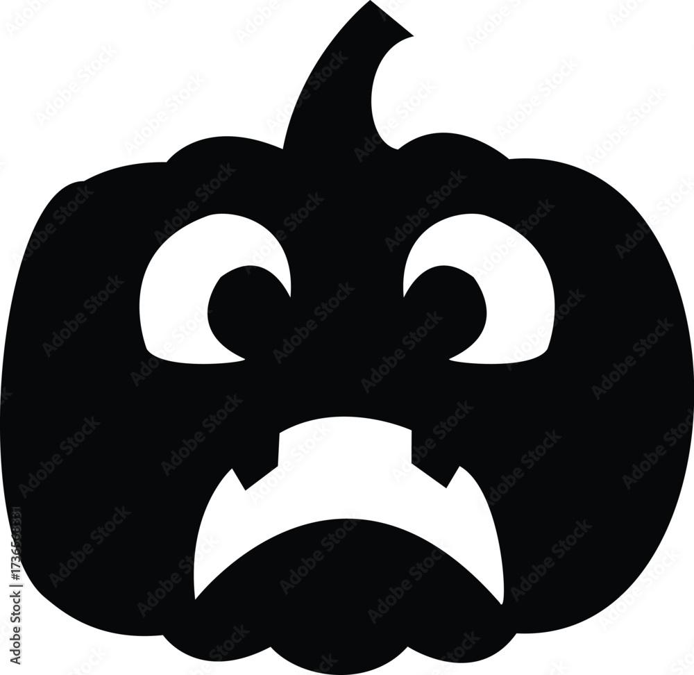 Obraz premium Black silhouette of a Halloween pumpkin with sad grumpy expression and jagged frown carved face on white background