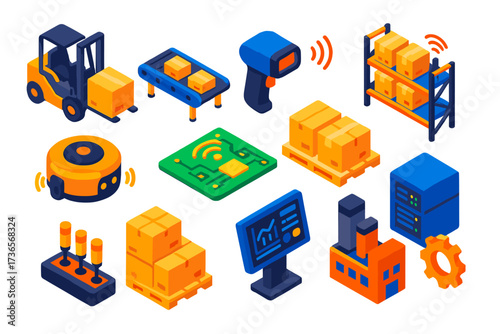 Warehouse Automation Icons. Isometric vector illustration set Warehouse Automation: robotic forklift, conveyor belt, barcode