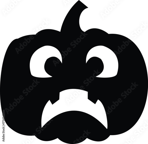 Black silhouette of a Halloween pumpkin with sad grumpy expression and jagged frown carved face on white background