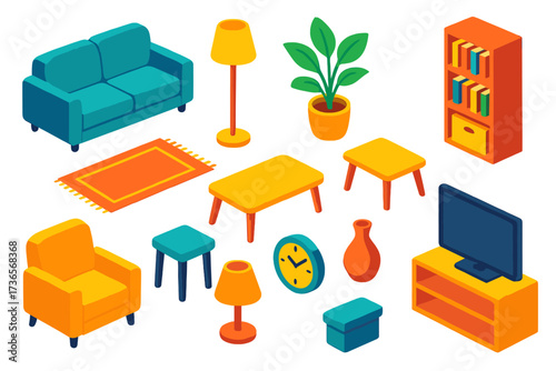 Living Room Essentials. Isometric vector illustration set Living Room Essentials: sofa, floor lamp, potted plant, coffee table,