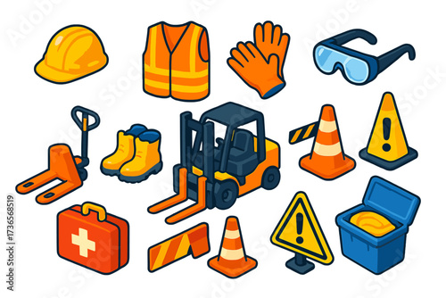 Transport Safety Equipments. Isometric vector illustration set Transport Worker Safety Kit: hard hat, safety vest, gloves, boots,