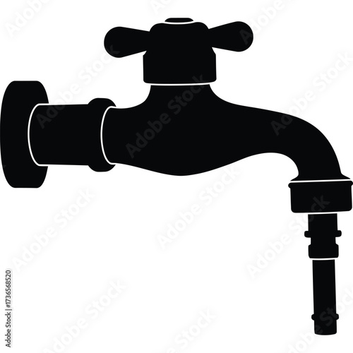 Black and White Faucet Silhouette water tap plumbing fixture valve hose connection outline plumber pipe handle control flow liquid
