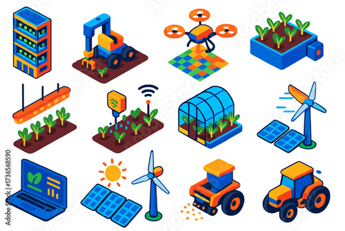 Future Farming Innovations. Isometric vector illustration set Future Farming Concepts: vertical farm, robotic planter, drone