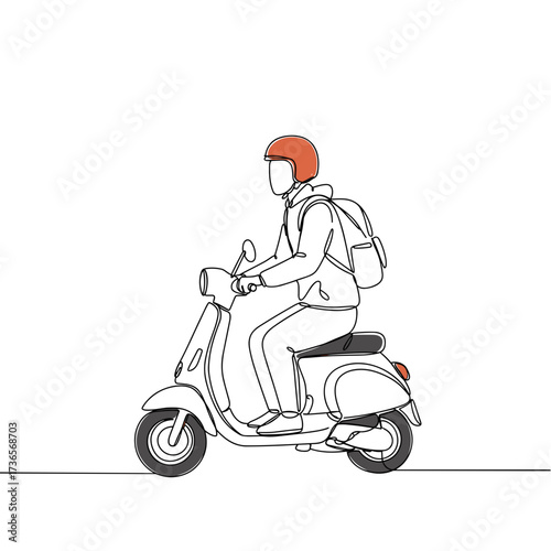 Person riding a scooter with a backpack in a minimalist style  