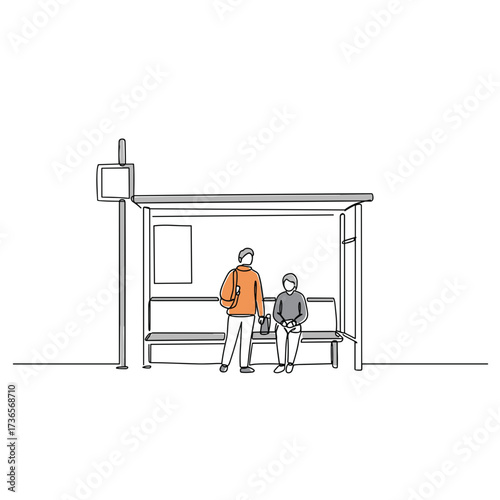 Two people waiting at bus stop in urban setting with minimal style  