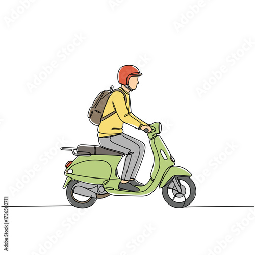 Person riding a green scooter with backpack and helmet  