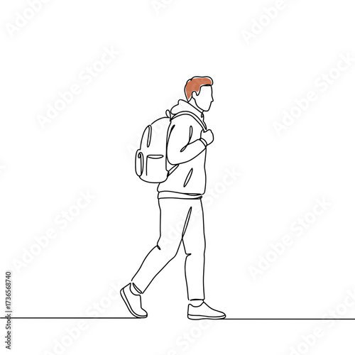 Young man walking with backpack in casual outfit on white background  
