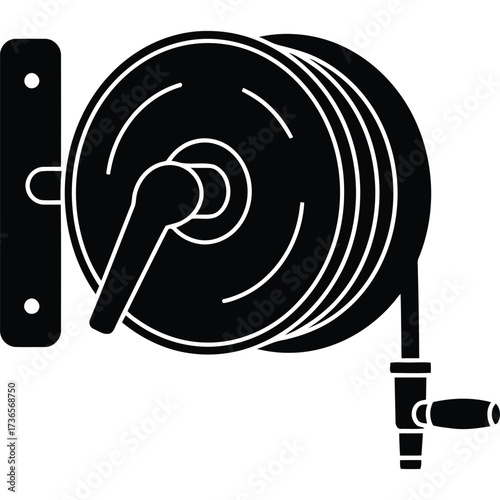 Black and White Garden Hose Reel Icon water watering outdoor equipment tool yard lawn irrigation gardening symbol vector illustration