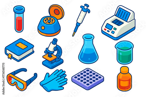 Colorful Lab Icons. Isometric vector illustration set Research Laboratory Icons: test tube, centrifuge, micropipette, PCR machine,