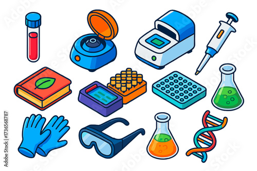 Biotech Equipment Icons. Isometric vector illustration set Biotechnology Research: test tube, centrifuge, micropipette, PCR