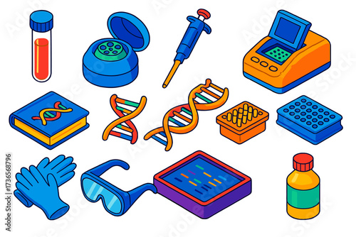 Genomics Technology Icons. Isometric vector illustration set Genomics and PCR Technology: test tube, centrifuge, micropipette, PCR