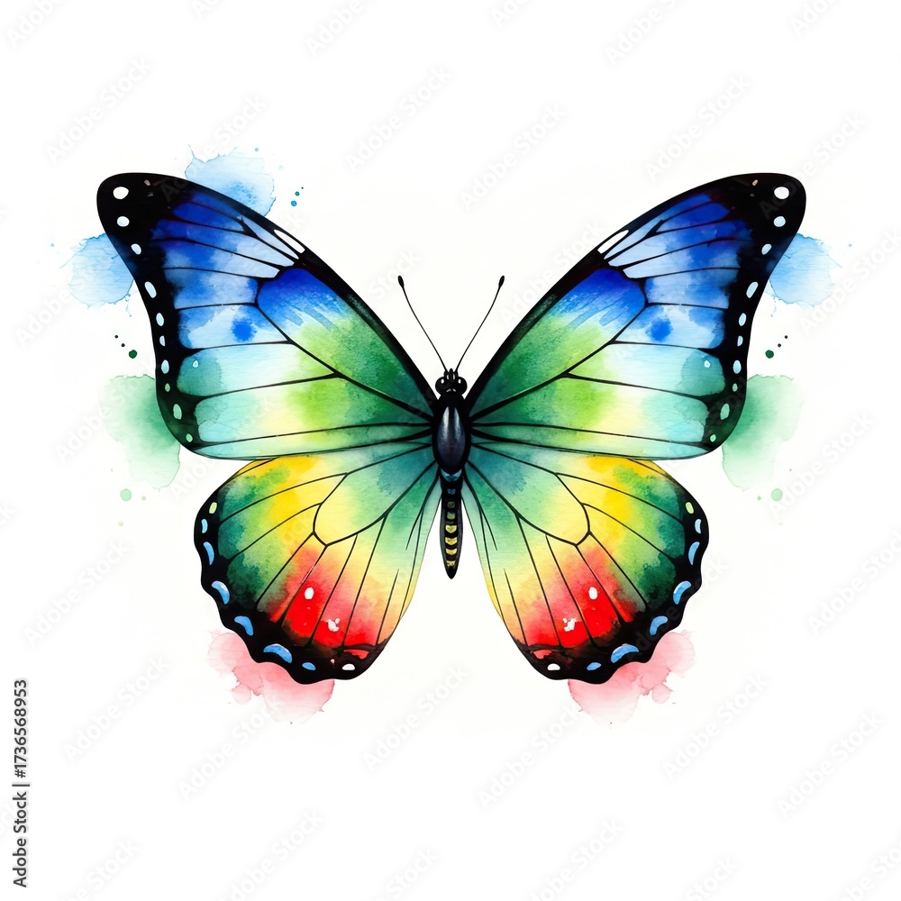 Fototapeta premium A vibrant and colorful butterfly, wings spread wide, showcases a stunning watercolor effect, radiating energy and natural beauty.