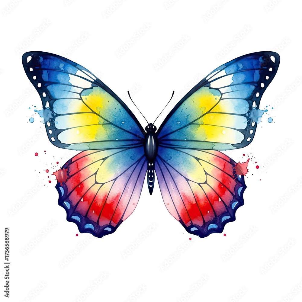 Obraz premium A vibrant watercolor butterfly showcases a mesmerizing palette of colors, radiating delicate beauty and artistic charm.