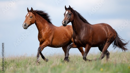 Two beautiful horses run freely across a grassy field under a cloudy sky in the afternoon sunlight