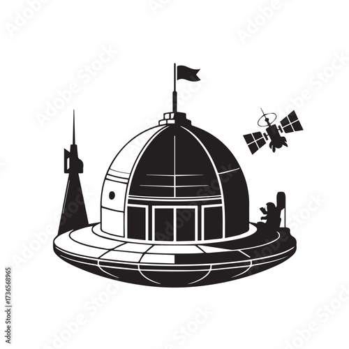 Vector art of futuristic space station with dome and tower, accompanied by a satellite in orbit