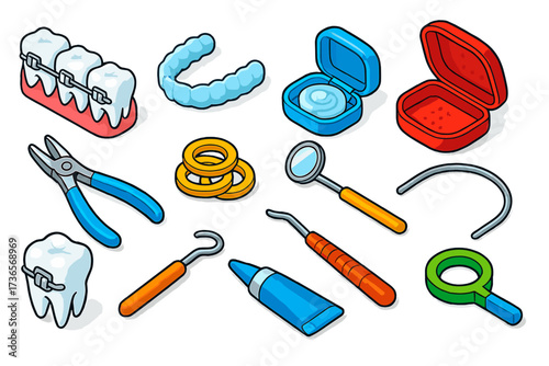 Orthodontic Tools Icons. Isometric vector illustration set Orthodontics: braces, clear aligners, retainer case, dental wax,