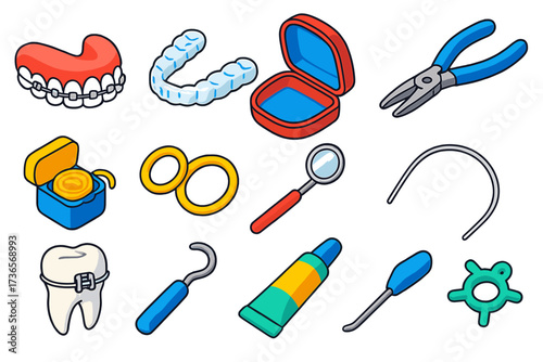 Orthodontic Tools Icons. Isometric vector illustration set Orthodontics: braces, clear aligners, retainer case, dental wax,