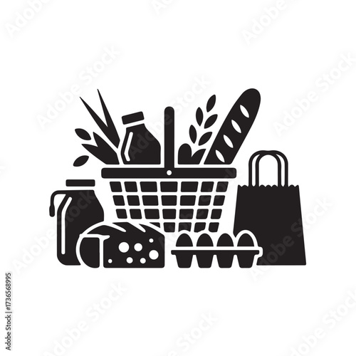 Vector art of grocery shopping basket with bread, milk, eggs, and produce