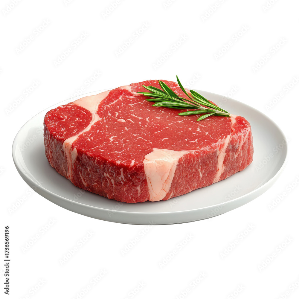 Fototapeta premium Fresh Ribeye Steak on White Plate with Rosemary Garnish