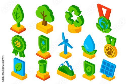 Environmental Awards Icons. Isometric vector illustration set Environmental awards: leaf-shaped trophy, tree-shaped plaque,