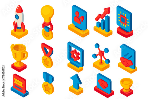 Startup Award Icons. Isometric vector illustration set Startup awards: rocket launch trophy, light bulb innovation medal, pitch