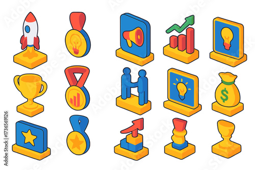 Startup Award Icons. Isometric vector illustration set Startup awards: rocket launch trophy, light bulb innovation medal, pitch