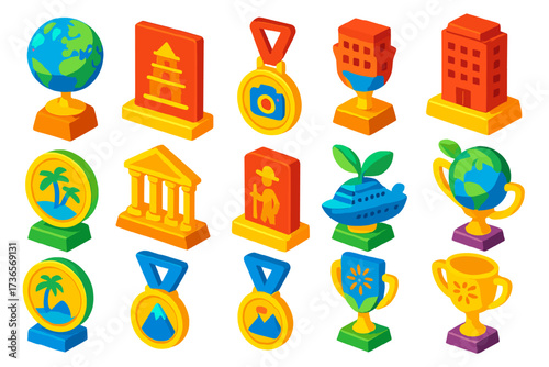 Tourism Awards Icons. Isometric vector illustration set Tourism awards: globe trophy, landmark-shaped plaque, travel photography