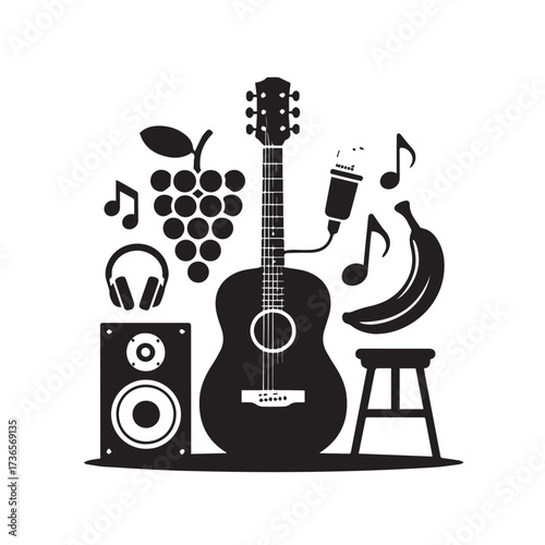 Vector art of musical instruments and accessories including guitar, microphone, headphones, and speaker