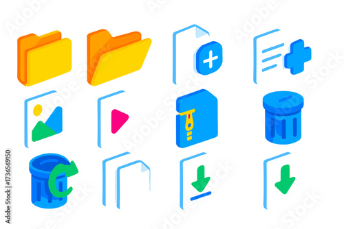Colorful File Management Icons. Isometric vector illustration set File management UI: folder icon, open folder, new file, text