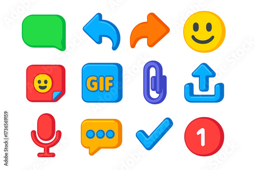 Vibrant Messaging Icons. Isometric vector illustration set Messaging UI: text bubble, reply arrow, forward arrow, emoji icon,