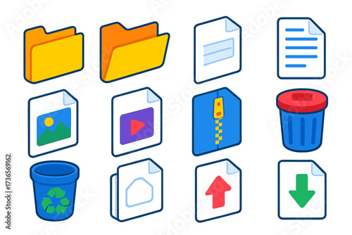 Colorful File Management Icons. Isometric vector illustration set File management UI: folder icon, open folder, new file, text