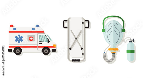 Emergency Medical Service Icons Ambulance, Stretcher, and Oxygen Mask