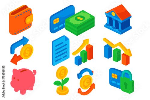 Vibrant Financial Icons. Isometric vector illustration set Finance UI: wallet icon, credit card, cash icon, bank building,