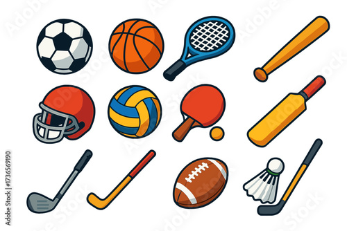 Vibrant Sports Equipment. Isometric vector illustration set Multi-sport mini: soccer ball, basketball, tennis racket, baseball bat