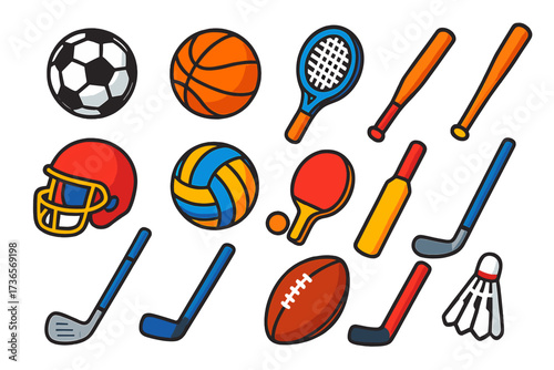 Vibrant Sports Equipment. Isometric vector illustration set Multi-sport mini: soccer ball, basketball, tennis racket, baseball bat