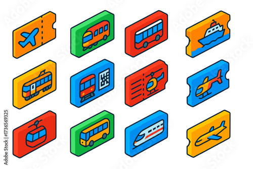 Colorful Boarding Passes. Isometric vector illustration set Multi-transport boarding: airplane boarding pass, train boarding pass,