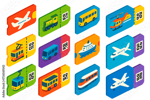 Colorful Boarding Passes. Isometric vector illustration set Multi-transport boarding: airplane boarding pass, train boarding pass,