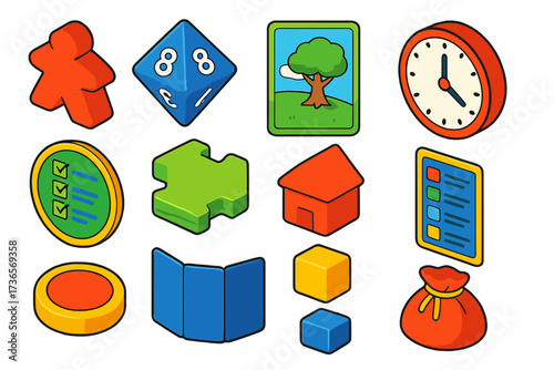 Strategy Game Icons. Isometric vector illustration set Strategy board games: custom meeple, D8 dice, resource card, round timer,