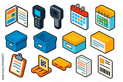 Warehouse Essentials Icons. Isometric vector illustration set Warehouse paperwork: shipment invoice, delivery note, barcode