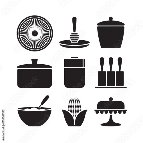 Vector art of set of black kitchen and food icons including a cake stand, corn, bowl, honey dipper, and containers, isolated on a