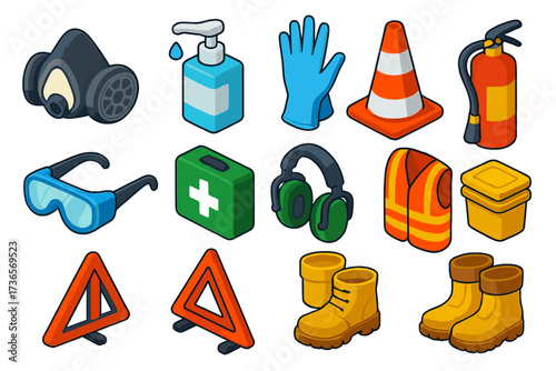 Workplace Safety Essentials. Isometric vector illustration set Workplace safety gear: respirator mask, pump sanitizer dispenser,