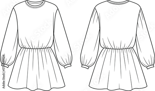 Fashion illustration, technical dress sketch, long sleeve design, gathered waist, pleated skirt, casual feminine outfit, front and back view, apparel template