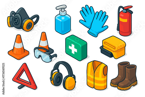 Workplace Safety Essentials. Isometric vector illustration set Workplace safety gear: respirator mask, pump sanitizer dispenser,