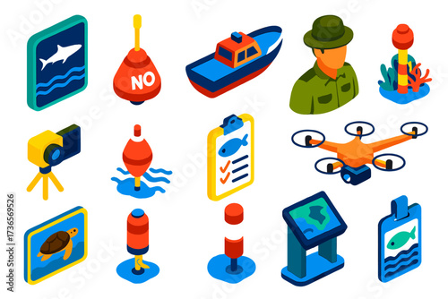 Marine Protection Icons. Isometric vector illustration set Marine protected areas: marine park sign, no fishing buoy, patrol boat,