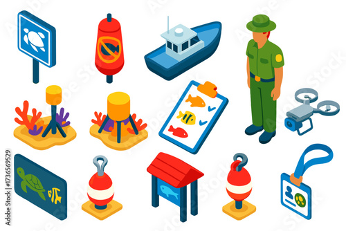 Marine Protection Icons. Isometric vector illustration set Marine protected areas: marine park sign, no fishing buoy, patrol boat,