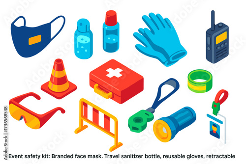 Event Safety Kit Icons. Isometric vector illustration set Event safety kit: branded face mask, travel sanitizer bottle, reusable