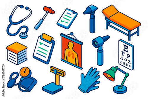 Doctor's Office Tools. Isometric vector illustration set Doctor’s office essentials: stethoscope, reflex hammer, examination table