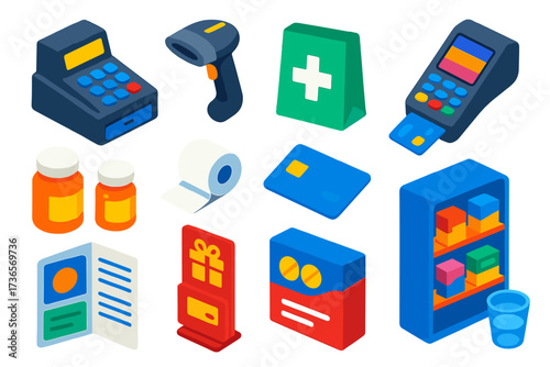 Pharmacy Counter Essentials. Isometric vector illustration set Pharmacy counter items: cash register, barcode scanner,